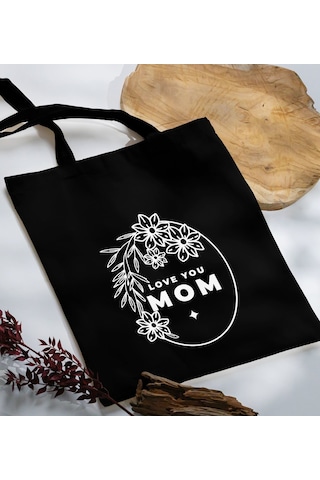 Bk Gift Anneler Günü Tasarımlı Siyah Kumaş Bez Çanta, Baskılı Omuz Çantası, Alışveriş Çantası, Anneler Günü Hediyesi, Anneye Hediye-4 Siyah