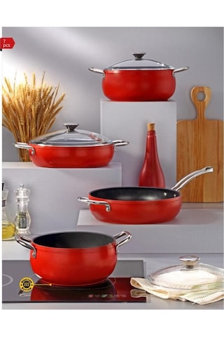 Bonera Pro Plus 7 Parça Titanyum Tencere Set Kırmızı İndüksiyonlu