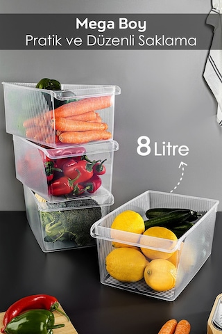 4 Adet Dolap İçi Buzdolabı Düzenleyici - Buzdolabı Meyve Sebze Saklama Kabı Organizer Sepet 8 Litre Şeffaf