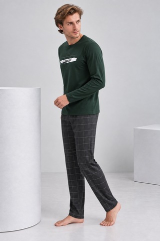 Pijamask Erkek Haki Yeşil Baskılı Üst Siyah Ekose Alt Uzun Kollu Pijama Takımı Haki