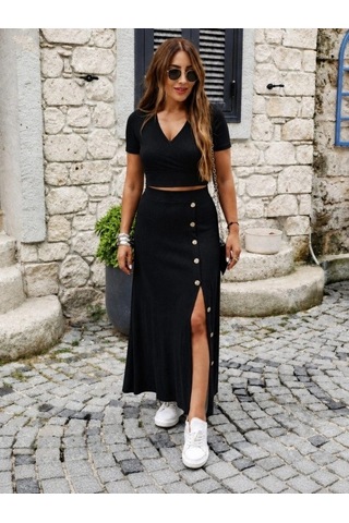 DefyModa Kadın Kısa Kollu Kruvaze Yakalı Kısa Krop Ottoman Bluz Ve Midi Etek Ikili Takım Siyah