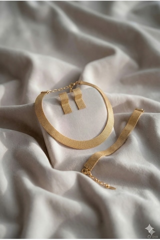 Altın Kaplama Hasır Choker Kolye Geniş Mesh Şık Kadın Gerdanlık Bileklik Küpe 3'lü Takı Seti Düğün