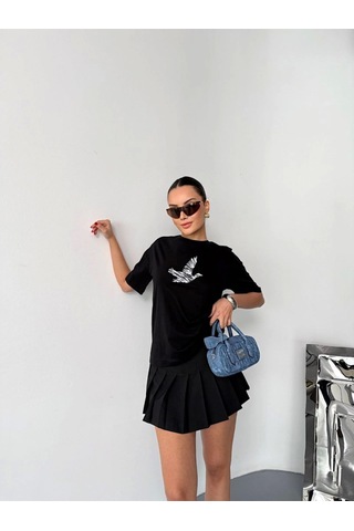 Kısa Kol Baskılı T-shirt - Siyah Siyah