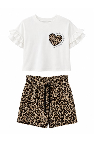 Baby Lory Kids Store Kız Çocuk Leopar Şortlu Takım Beyaz - Leopar