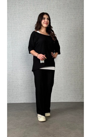 Sensuelle Kadın Kısa Kollu Omuzlardan Açık Yarasa Kollu Bürümcük Bluz Ve Pantolon Ve Viskon Atlet Siyah