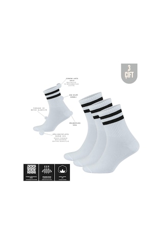 Erkek Kadın 3 Çift Çizgili Kolej Tenis Çorabı Pamuklu Çorap Beyaz