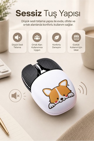 Şarjlı Bluetooth 2.4g Sessiz Kablosuz Mouse Köpek Desenli Çok Renkli Diğer