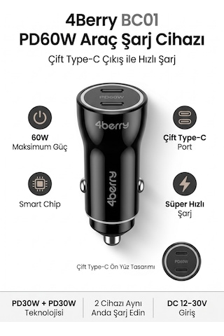 Bc01 Pd60w Dual Port Type-c Araç Şarj Cihazı 60w Max Süper Hızlı Şarj Adaptörü