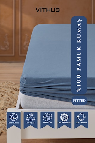 %100 Pamuk Penye Lastikli Çarşaf Tek Kişilik, Çift Kişilik Ve Battal Boy İndigo Mavi