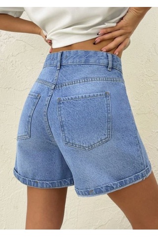 Kene Jeans Bacak Nakışlı Mavi İşlemli Kısa Kot Şort Mavi İşlemli