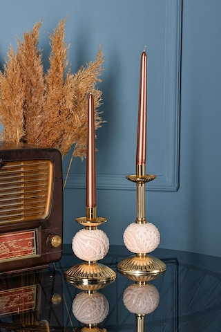 Ikili Krem Çinili Mumluk Gold Dekoratif Obje