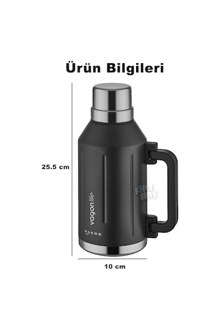 Vagonlife 1.2 Litre Bardaklı Kullanım Kulplu Paslanmaz Çelik Termos-ffvgn1004-1200ml Siyah