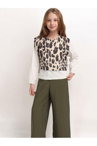 Escabel Kız Çocuk Leopar Bluzlu Pantolon Takım-15591 Haki