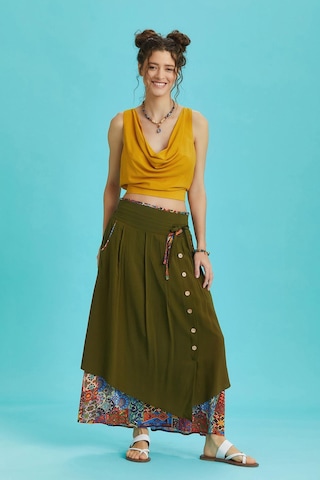 Düğme Detaylı Beli Bağcıklı Cepli Desenli Etek Turuncu