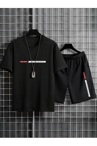 Newyork Çizgi T-shirt Şort - Siyah Alt Üst Kombin Şort Tişört Takım Baskılı Oversize Bisiklet Yaka Siyah