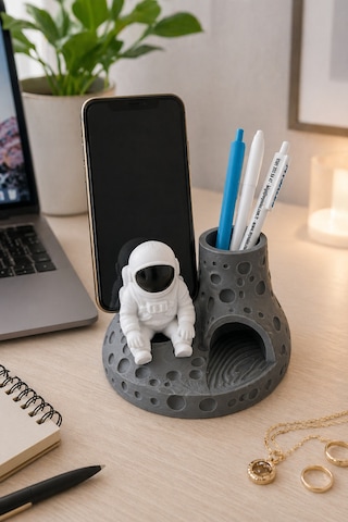 Astronot Figürlü Telefon Standlı Kalemlik Ay Yüzeyi Tasarımlı Masaüstü Organizer Ve Ofis Masa Düzenleyici