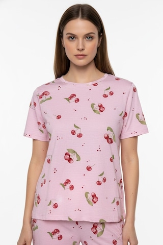 Kompedan Kadın Bisiklet Yaka Yumuşak Dokulu Büyük Kiraz Desenli Kısa Kol Pijama Takım Pembe 70132-4668