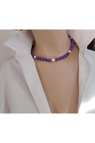Luna Yonca Detaylı Lav Taşı Choker Doğal Taş Kolye Mor