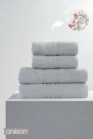 4'lü Gri Greek Havlu Set %100pamuk - 2 Adet El Havlusu 50x90 Ve 2 Adet Banyo Havlusu 70x140 Gri