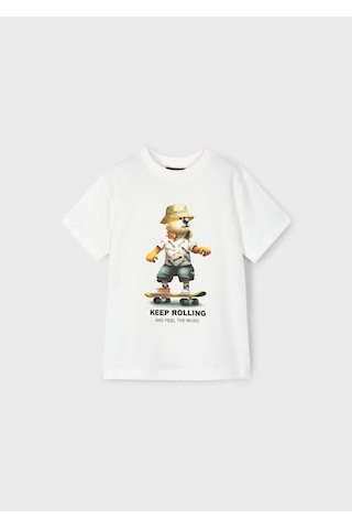 Erkek Çocuk Kaykay Baskılı Tshirt 4-8 Yaş Krem Krem