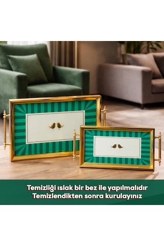 Porsima 4391 2'li Dekoratif Dikdörtgen Servis Tepsi Seti - Çay Ve Kahve Kahvaltılık Sunum Tepsisi Yeşil