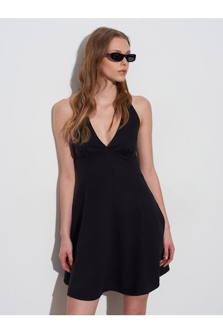 Dilvin 90568 Halter Yaka Denim Mini Elbise-siyah