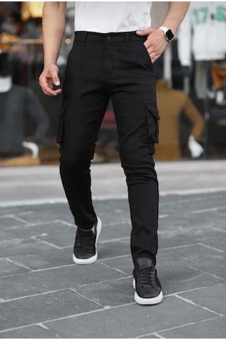 Erkek Körüklü Cep Ve Paça Ribana Detaylı Siyah Keten Kargo Pantolon Siyah