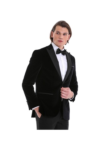Hatemoğlu Siyah Slim Fit Düz Sivri Yaka Kadife Klasik Damatlık Siyah