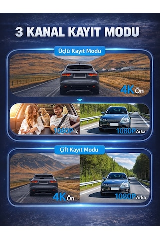 X18 Premium 3 Lens Araç İçi Kamera Wifi Gps 4k Ultra Hd Ön Arka İç Kamera Gece Görüşü Park Modu Dvr