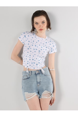Colin's Slim Fit Baskılı Crop Beyaz Kadın Kısa Kol Tişört CL1063244_Q1.V2_WHT