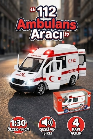 1:30 Metal Çek Bırak Ambulans Sesli Işıklı 4 Kapısı Açılan Oyuncak Model Araba 14cm Çok Renkli