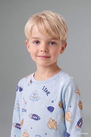 Defacto Baskılı Uzun Kollu Üst Elastik Bel Alt 2li Pijama Takımı Erkek Bebek H6540a526aube343 Mavi-be343