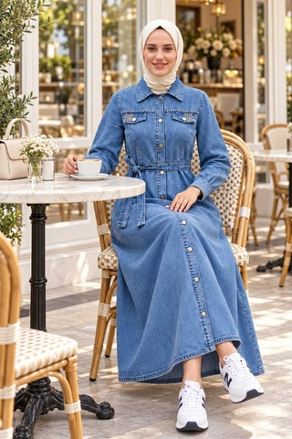 Hb Harma Time Butik Kadın Düğmeli Boncuk İşlemeli Kuşaklı Kot Mavi Elbise