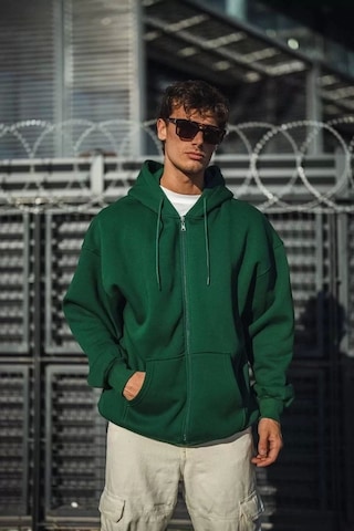 Oversize Tam Fermuarlı Uzun Kol Hırka - Haki Haki