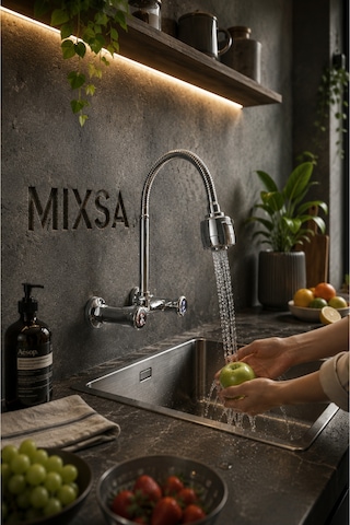 Lüx Premium Klasik Duvardan Çevirmeli Mutfak Bataryası Çift Su Girişli Fonksiyonlu Başlıklı Batarya Gri
