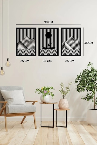 3'lü Balıkçı Ve Dağ Temalı Ahşap Duvar Tablosu - Mdf, 25x35 Cm Toplam 35x90 Cm