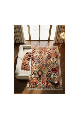 Dekoratif Halı Kaymaz Taban Leke Tutmaz Yıkanabilir Kilim Özel Ölçü Salon Halısı 3056 Çok Renkli