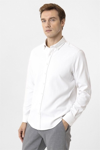 Süvari Ekru Slim Fit Desenli Düğmeli Yaka Gömlek