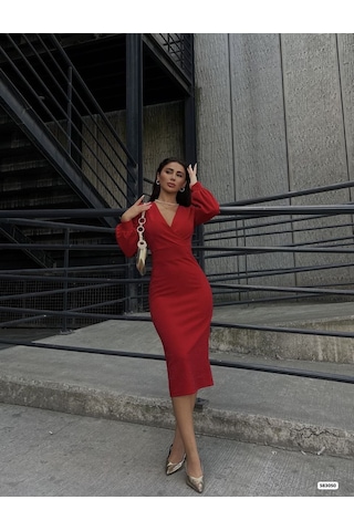 Tua Moda Kadın Kruvaze Yaka Balon Kol Simli Krep Kumaş Midi Boy Elbise Kırmızı