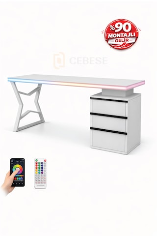 Bilgisayar Masası + Rgb Led - 170 65 77 Cm Kumandalı Ve Telefon Kontrollü Beyaz