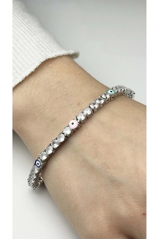 Bileklik 39, Su Yolu, Nazarlı, Zirkon Taşlı, Zincir Bileklik, Gümüş Renk Gümüş