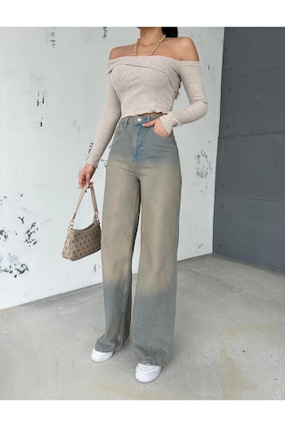 Zeo Basic Denim Baggy Pantolon Yandan Çapraz Dikişli Bej Tintli Bej