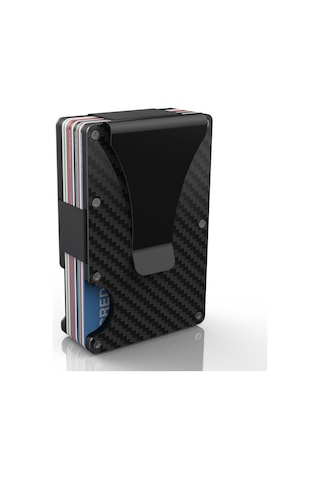 Hangfox Kara Karbon Fiber Rfıd Engelleyici Kart Çantası - Metal Pop-up Kart Tutucu Cüzdan Siyah