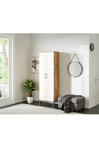 Fibona Modern 2 Kapaklı 8 Raflı Çok Amaçlı Antre Dolabı - Metal Ayaklı Atlantik Çam - Beyaz