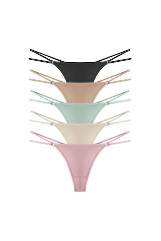 Kadın Pamuklu Ve Taş Detaylı Likralı Fitilli Kaşkorse Tanga Külot 5'li Paket Renkli-1 Çok Renkli