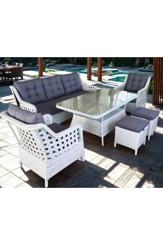 Omit Pazar 5 Kişilik Beyaz Örgü Rattan Oturma Grubu Minderli & 80x140cm Masa+puflu Takım