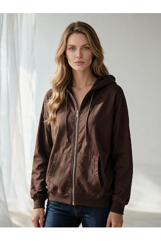 Nealirsanall.com Kadın 3 İplik Şardonlu Oversize Fermuarlı Kapşonlu Sweatshirt Kahverengi