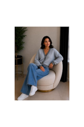 Hira Life Fashion Kadın V Yaka Düğmeli Şeritli Kısa Crop Ceket-hırka Gri Gri
