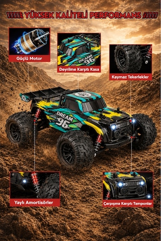 Sarı 1:16 Rc Araba 36 Km/h Hızlı 4x4 Uzaktan Kumandalı Off Road Drift Araç Şarjlı 2.4ghz