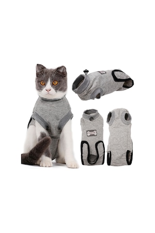 Geeksen Kedi Ameliyat Sonrası İyileşme Takımı, Pamuklu, Yara Koruması, Yalama Ve Tırmalamayı Engeller, Gri, S Beden